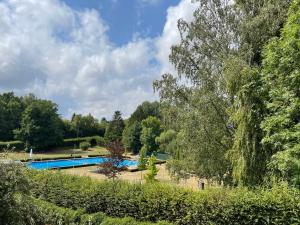 Blick auf einen Pool in einem Park mit Bäumen in der Unterkunft Ferienhaus Simon in Wadern