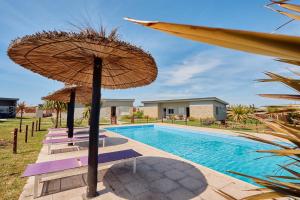 Riviera del Sur - Apart hotel في ميرامار: مسبح مع مظلتين وكراسي صالة بجانب مسبح
