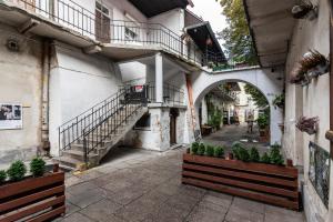 克拉科夫的住宿－Industrial Apartment - Jewish Quarter，老建筑中一条有楼梯和植物的小巷