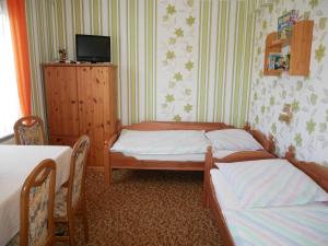 a bedroom with two beds and a tv on the wall at Ferienwohnung Kasch in Krummin
