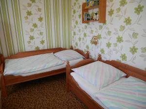two beds in a room with green and white wallpaper at Ferienwohnung Kasch in Krummin