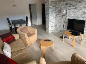 ein Wohnzimmer mit einem Sofa und einem TV in der Unterkunft Roc d'Orsay C15 in Leysin