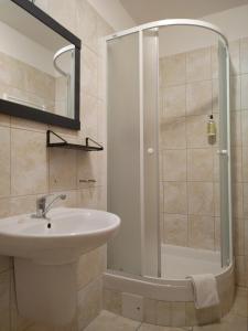 a bathroom with a sink and a shower at Hotel Arko in Prague