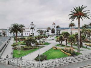 a view of a park with palm trees and buildings at Hotel Central in Latacunga