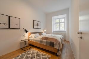 a bedroom with a bed and a window at Premium Apartments im Stadtzentrum in Graz
