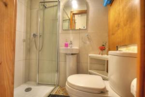 ein Bad mit einer Dusche, einem WC und einem Waschbecken in der Unterkunft Cozy & cute studio in the heart of Valletta GOVAL2 in Valletta