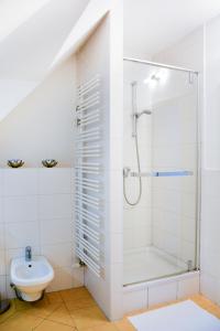 a white bathroom with a shower and a toilet at Direkt am Schwielowsee in Schwielowsee