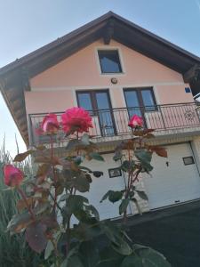 a house with a balcony and roses in front of it at Holiday Home Lana in Fužine