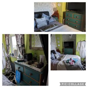 2 fotos de un dormitorio con cama y tocador en Unique Quaint & Quirky House Colchester Town Centre, en Colchester