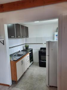uma cozinha com um lavatório e um frigorífico em El Balcon em Ushuaia