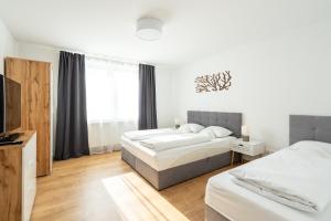 a bedroom with two beds and a television at Apartmány Oravskie in Zuberec