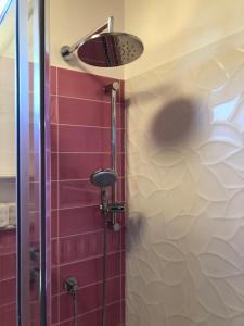 a shower in a bathroom with red tiles at La Dolce Dimora degli Angeli in Rome