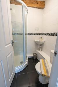 a bathroom with a shower and a toilet and a sink at Quinta Cottage in Soutergate