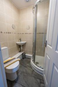 a bathroom with a toilet and a sink and a shower at Quinta Cottage in Soutergate