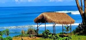 una cabaña de paja con el océano en el fondo en Amban Beach House en Manokwari