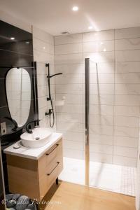uma casa de banho com um lavatório e um chuveiro com um espelho. em Chez Agnès em Chailly-sur-Armançon