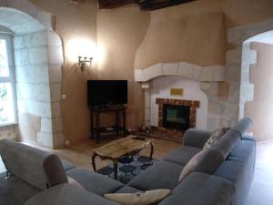 a living room with a couch and a fireplace at La tour du logis, gîte 4 * à 15 min du Futuroscope 