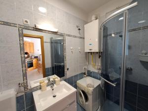 La salle de bains est pourvue d'un lavabo et d'un lave-linge. dans l'établissement PLÁZS Apartman Balatonlelle, à Balatonlelle