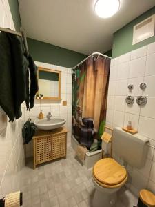 uma casa de banho com um WC, um chuveiro e um lavatório. em Design, Hochschule, Wildpark, Zentral, Waipu TV, Netflix em Pforzheim
