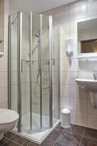 a bathroom with a shower and a toilet and a sink at Hotel Rebschule in Freyburg