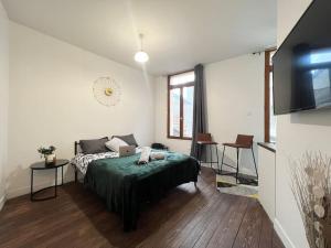1 dormitorio con 1 cama y TV en Le petit nid à 2 MIN gare / centre Meulan en Meulan