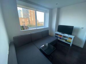 ein Wohnzimmer mit Sofa und Flachbildfernseher in der Unterkunft 1+1 Modern flat next to Sutton train station in Sutton