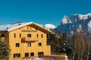 un gran edificio de madera con montañas en el fondo en SchartnerAlm en Collalbo