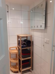 a bathroom with a wooden shelf in a room at Studio Bosuiltje in Bergeijk