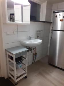 a small kitchen with a sink and a refrigerator at Studio Bosuiltje in Bergeijk