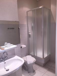 a bathroom with a shower and a toilet and a sink at Hôtel P.L.M. in Cannes