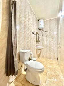 a bathroom with a white toilet and a shower at Jabal Dana Hotel - the highest hotel in Jordan in Dana