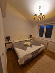 a bedroom with a bed and a chandelier at Apartamenty Osmolice w Stawach in Dęblin