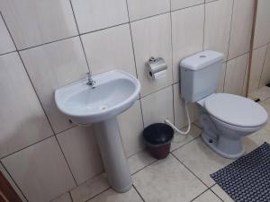 a bathroom with a toilet and a sink at Pousada Rústica in São Thomé das Letras
