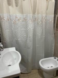 een badkamer met een wastafel, een toilet en een douchegordijn bij Gadano Suites in General Roca