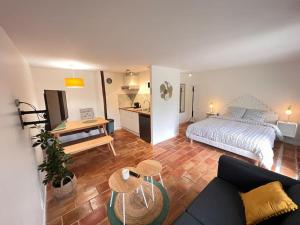 uma sala de estar com uma cama e um sofá em Studio à 20 min des cures thermales de La Roche Posay - Casino em Archigny