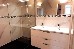 een badkamer met een douche, een wastafel en een spiegel bij Spacious Apartment in Paris Place des Fetes in Parijs