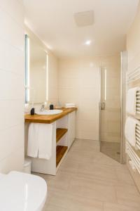 a bathroom with a sink and a shower at Hafendorf Haus 5 Apartment 2 Nr25 in Plau am See