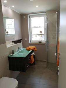 La salle de bains est pourvue d'un lavabo et d'une douche. dans l'établissement 2 Zimmerapartment 2 Terrassen P7a1, à Plau am See