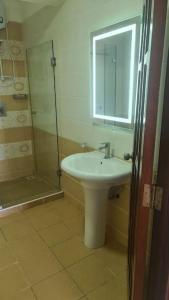 a bathroom with a sink and a shower and a mirror at Ocean View Apartment D5 in Mombasa