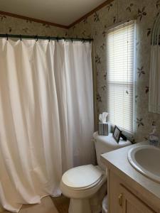 uma casa de banho com uma cortina de chuveiro branca e um WC. em Edgewater Getaway em Port Lavaca