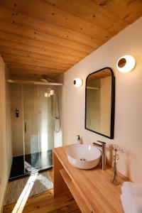 a bathroom with a sink and a mirror at Domaine Agricole Cotzé / Casa rural in Enveitg