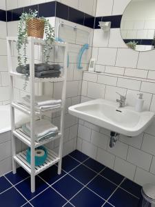 ein Badezimmer mit einem Waschbecken und einem weißen Regal mit Handtüchern in der Unterkunft Ideale Unterkunft in Düsseldorf-Nord in Düsseldorf