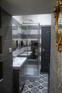 uma casa de banho com 2 lavatórios e um chuveiro em Le Stanislas, un style! em Nancy