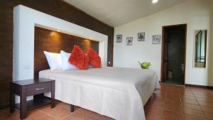 a bedroom with a large white bed with red pillows at La Guayaba Monteverde in Monteverde Costa Rica