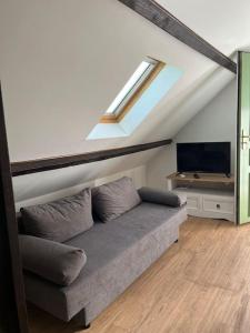 a living room with a couch and a tv at Appartement coquet dans maison individuelle in Lisses