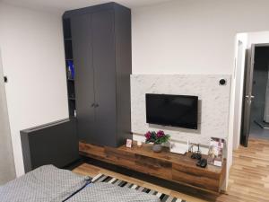 a living room with a tv on a wall at Nacional 3 apartman studio in Subotica