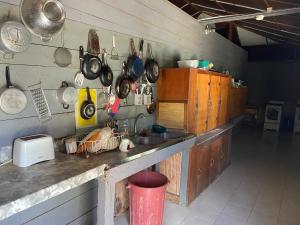 a kitchen with a counter with pots and pans on the wall at Westport Cottage in Negril