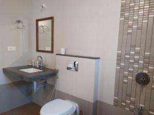 une salle de bain avec toilettes, lavabo et miroir dans l'établissement Palmeiral BeachVilla, à Calangute