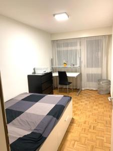 1 dormitorio con cama, escritorio y silla en XL City Center Apartment-contactless check-in Netflix Included, en Basilea