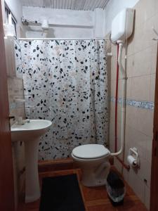 y baño con cortina de ducha, aseo y lavamanos. en Apart lo de Vivi en Puerto Iguazú